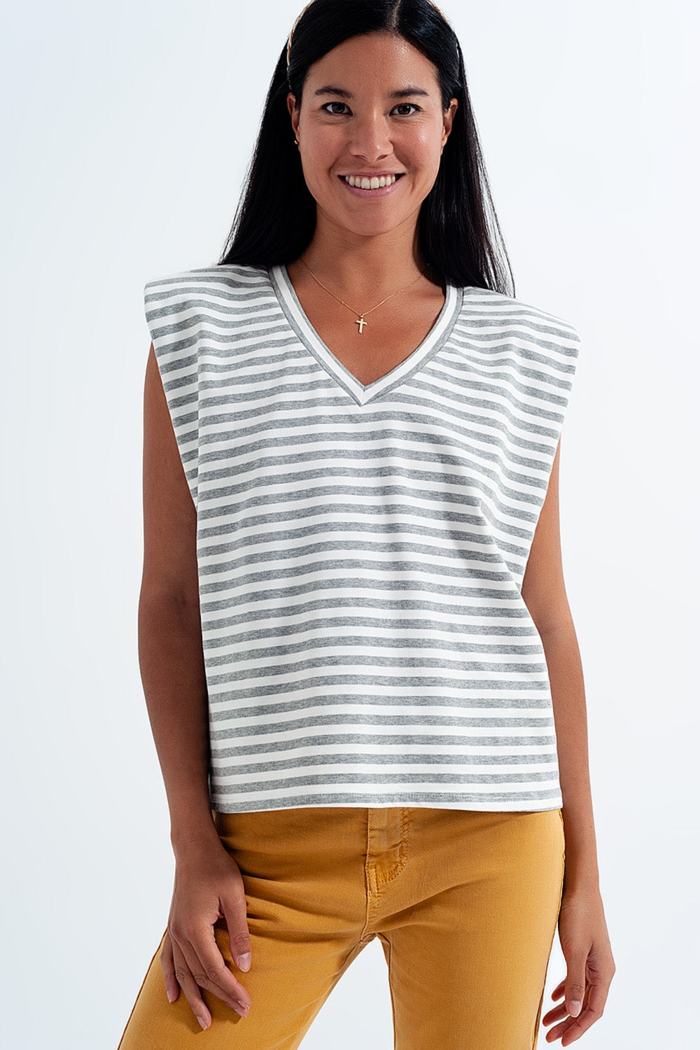 Sleeveless t shirt with shoulder pad in gray stripe Szua Store