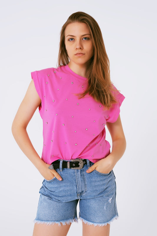 Q2 Sleevless T-shirt With Strass Detail in Pink