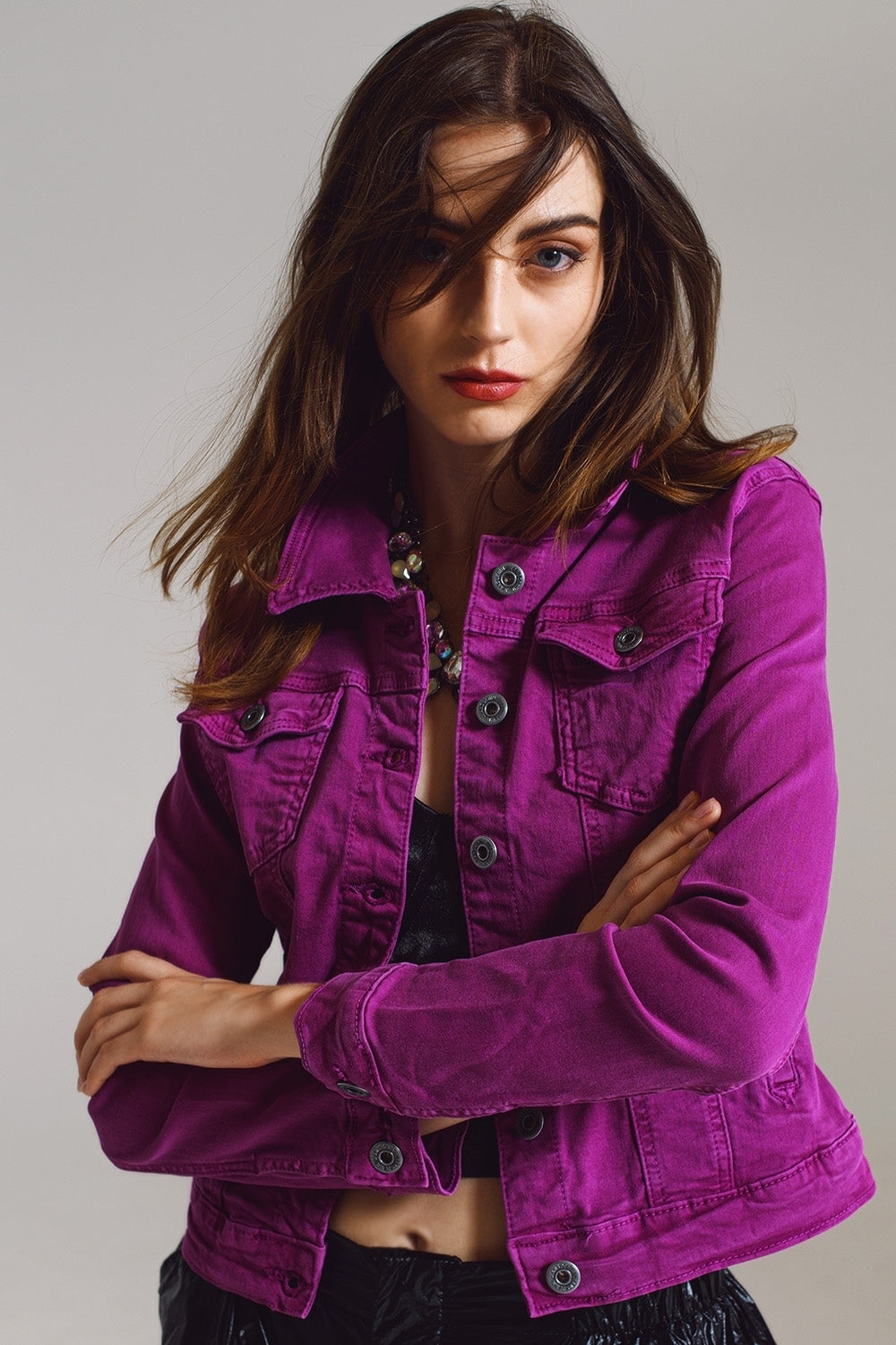 Slim denim trucker jacket in Magenta