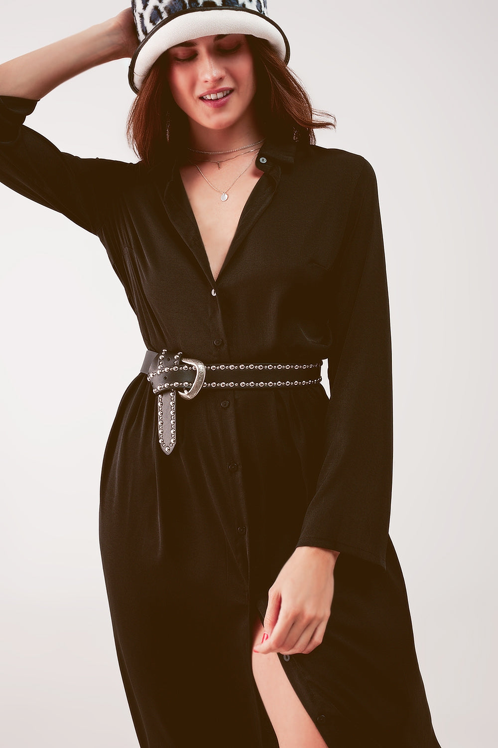 Slouchy plunge shirt maxi dress in black Szua Store