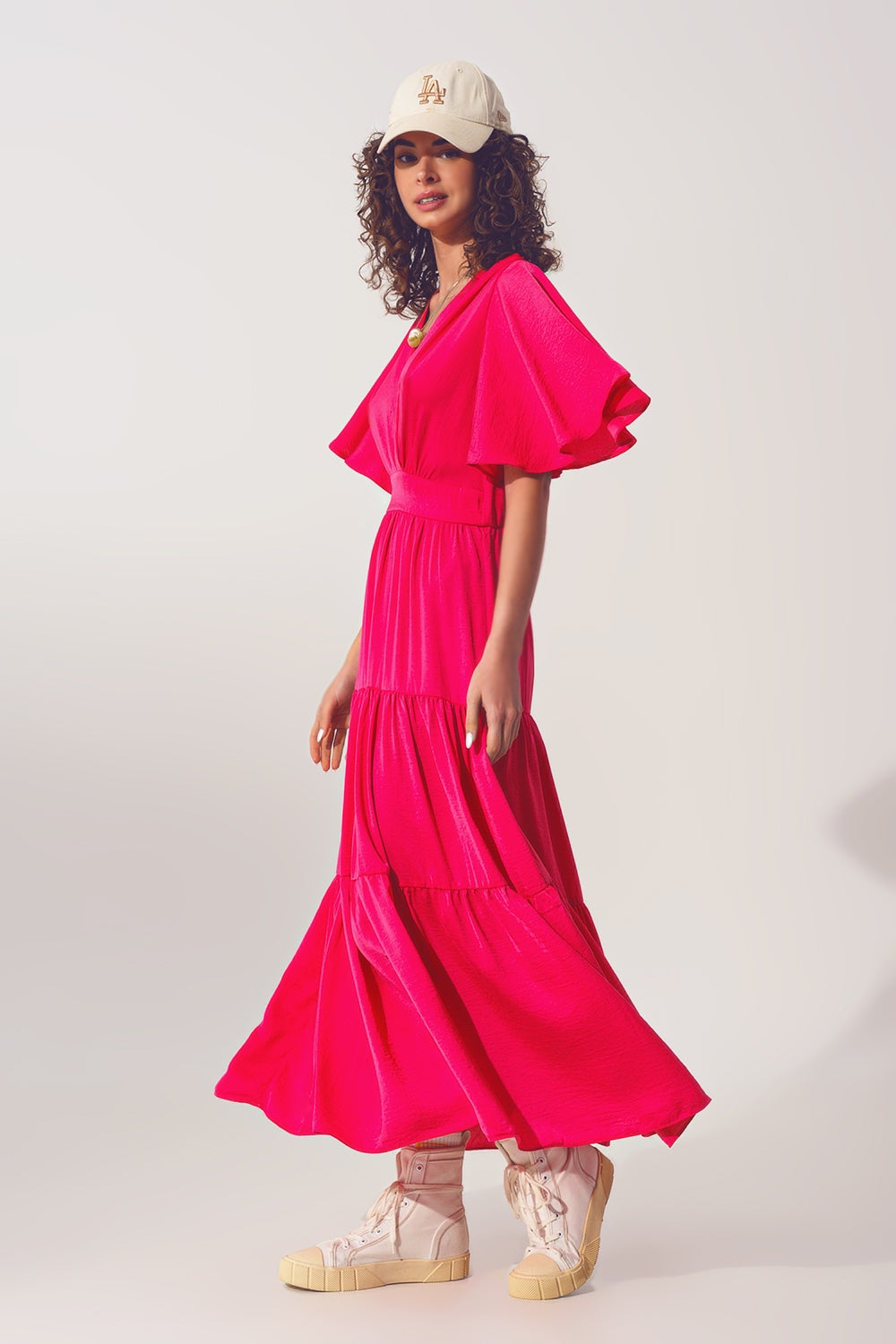 Smock V Neck Maxi Dress in fucsia - Szua Store