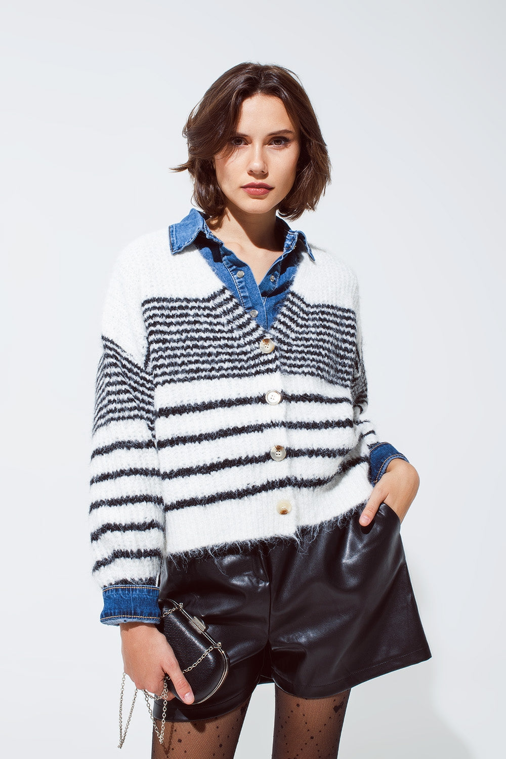 Q2 Soft and Fluffy White Cardigan With Black Stripes And Deep V neck