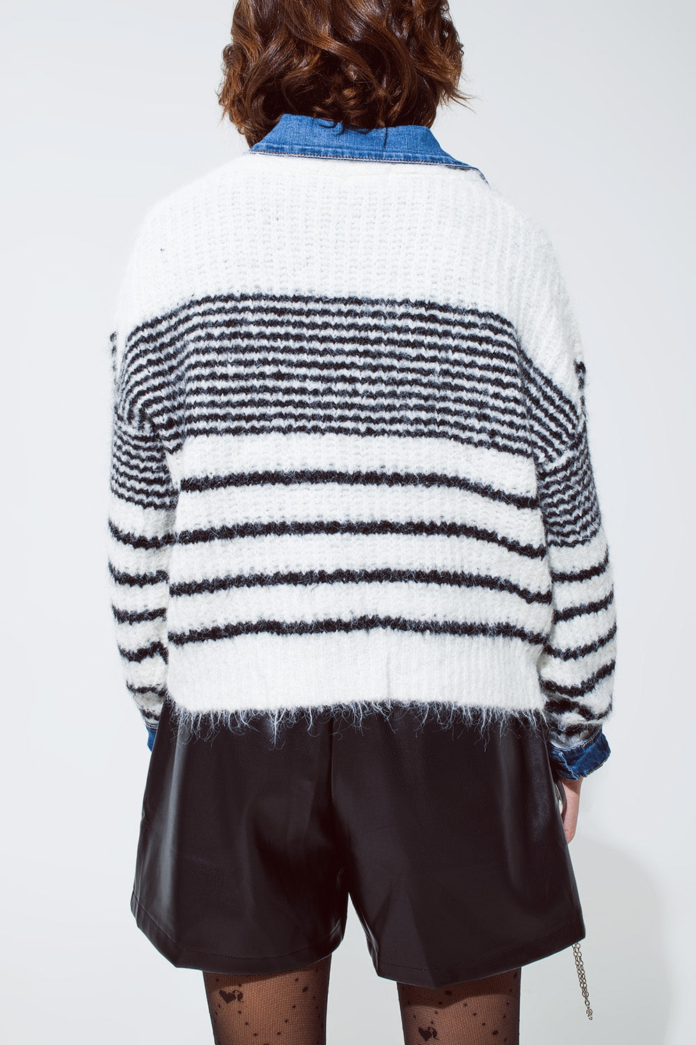 Soft and Fluffy White Cardigan With Black Stripes And Deep V neck
