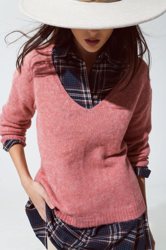 Q2 Soft pink V neck knit jumper
