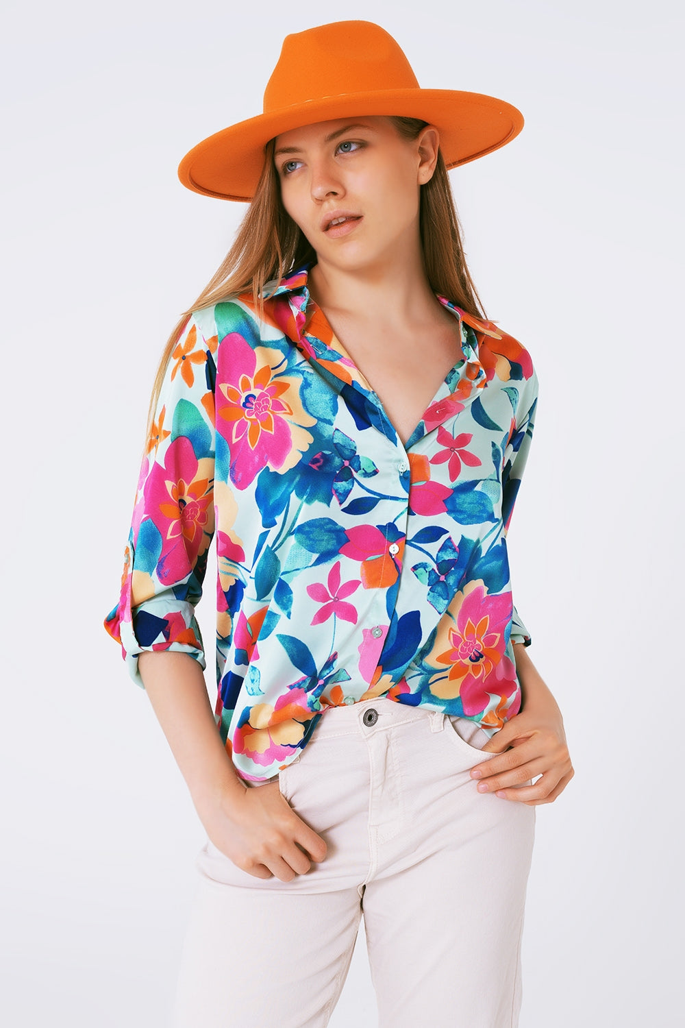 Q2 soft satin blouse with flower print