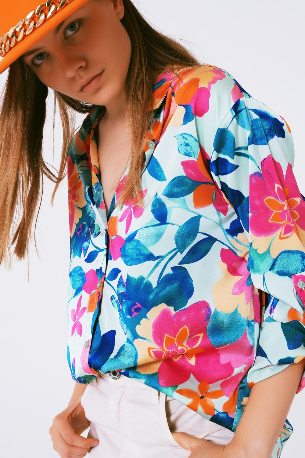 Soft satin blouse with flower print - Szua Store