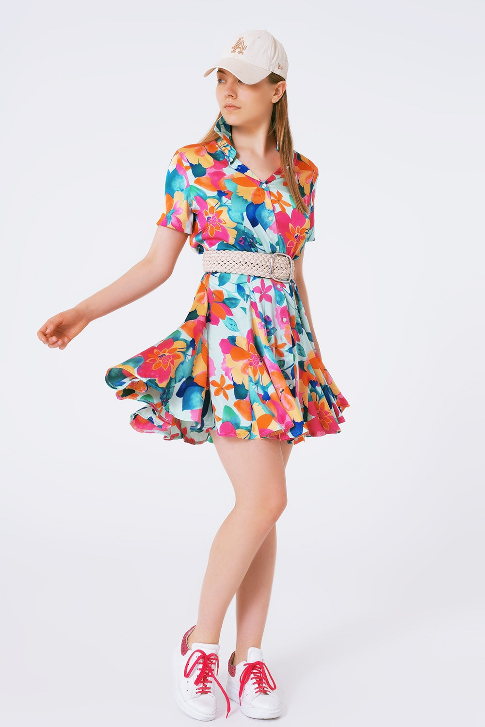 Q2 soft satin mini dress with flower print