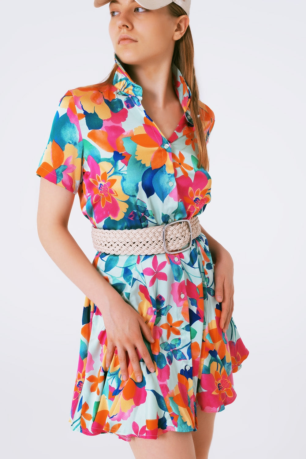 Soft satin mini dress with flower print - Szua Store