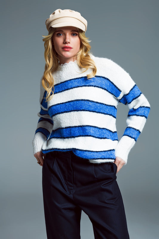 Q2 Soft white sweater with blue stripes