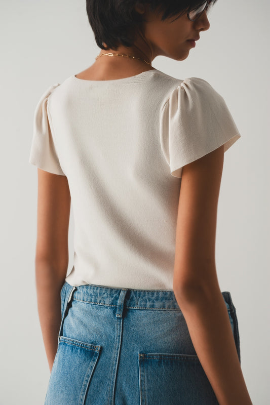 square neck puff sleeve sweater in cream - Szua Store