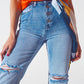 Sraight-leg jeans with exposed buttons and ripped knees in light wash - Szua Store