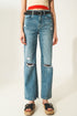 Q2 Straight jean in medium wash with rip and split hem