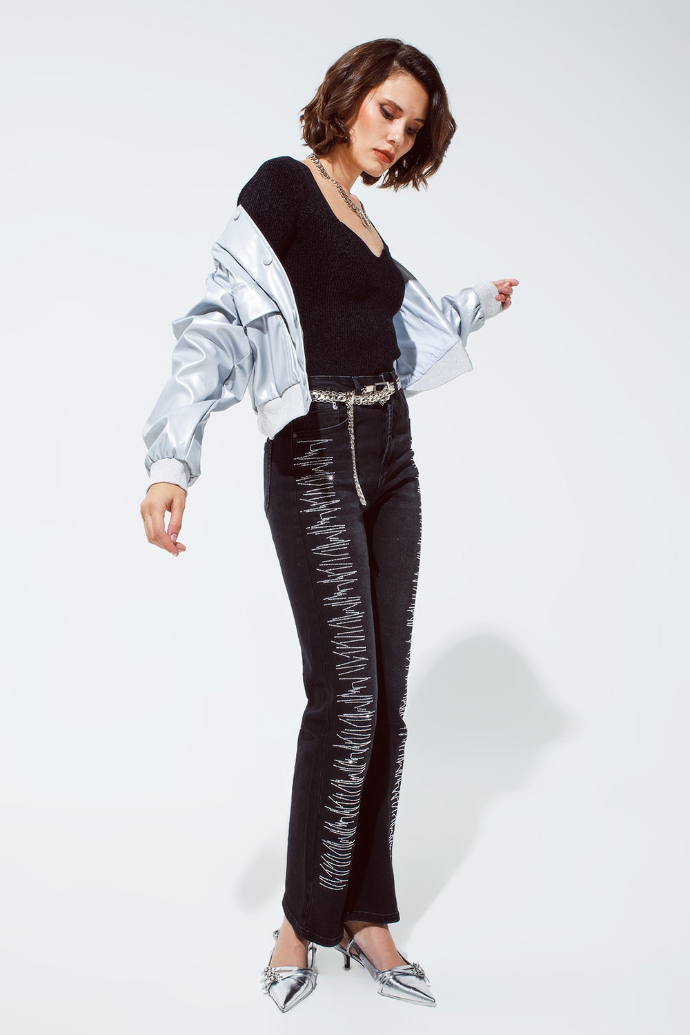 Straight jeans in black with silver strass details