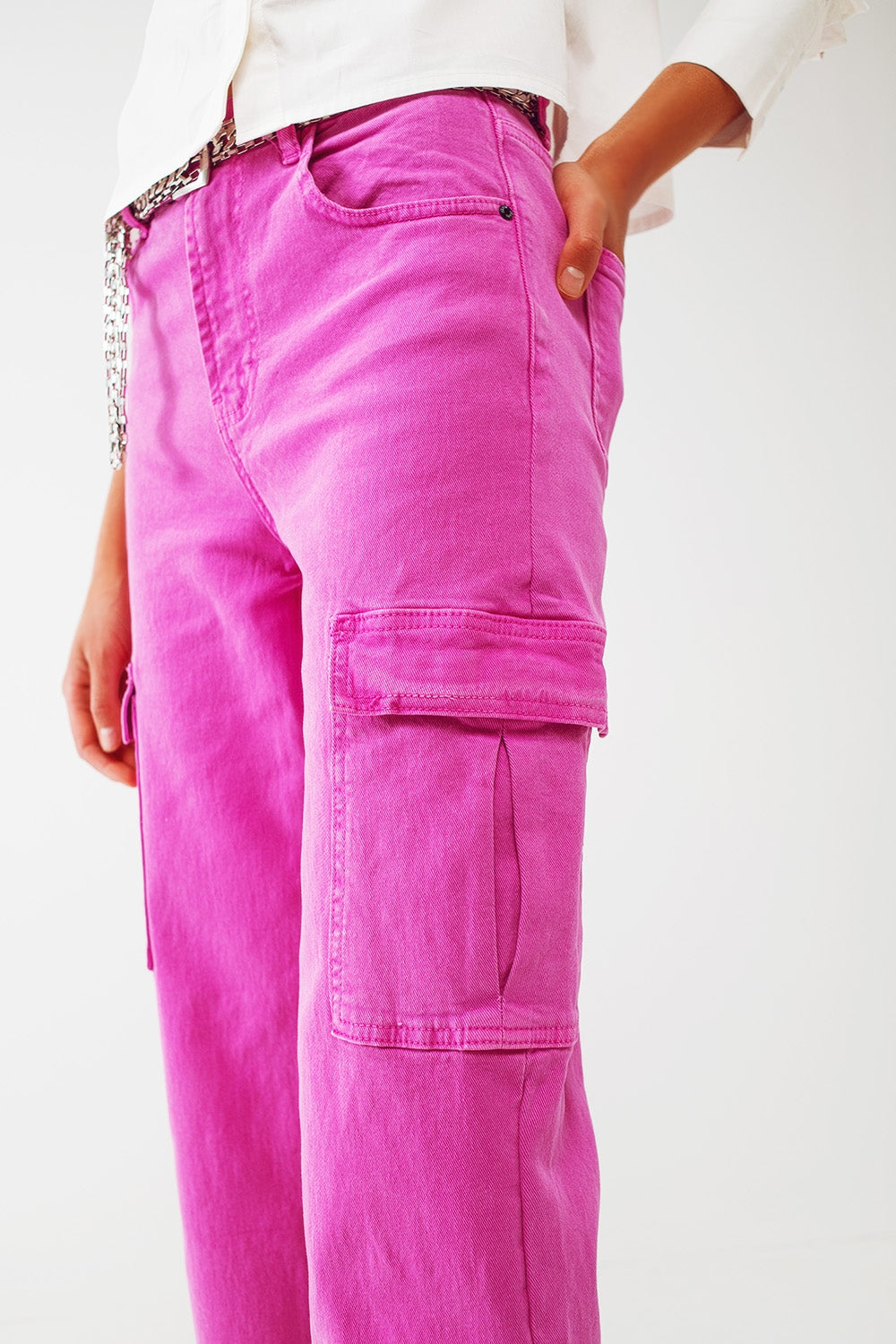 Straight Leg Cargo Jeans in Fuchsia