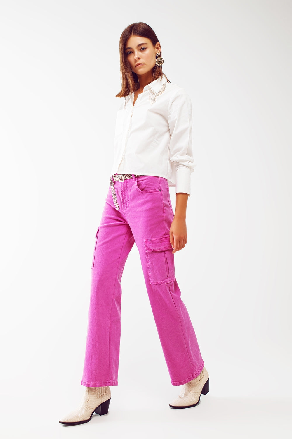 Straight Leg Cargo Jeans in Fuchsia