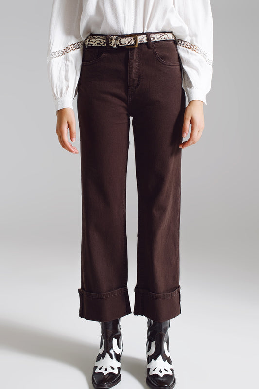 Q2 Straight Leg Jeans with Cropped Hem in Brown