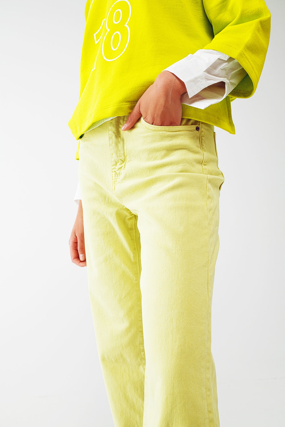 Straight Leg Jeans with Cropped Hem in Lime Green