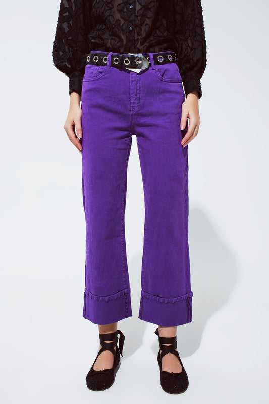 Q2 Straight Leg Jeans with Cropped Hem in purple