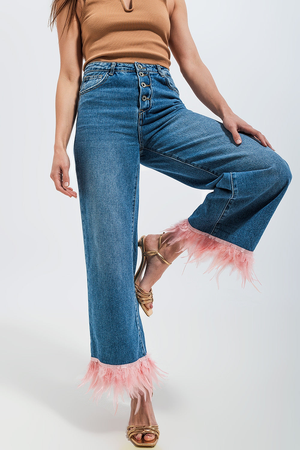 Straight leg jeans with faux feather hem in blue Szua Store
