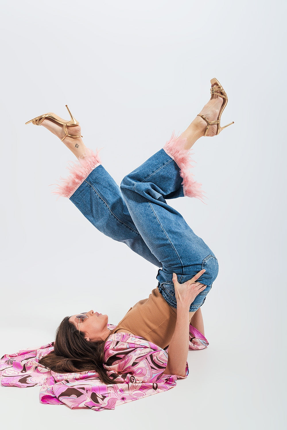 Straight leg jeans with faux feather hem in pink Szua Store