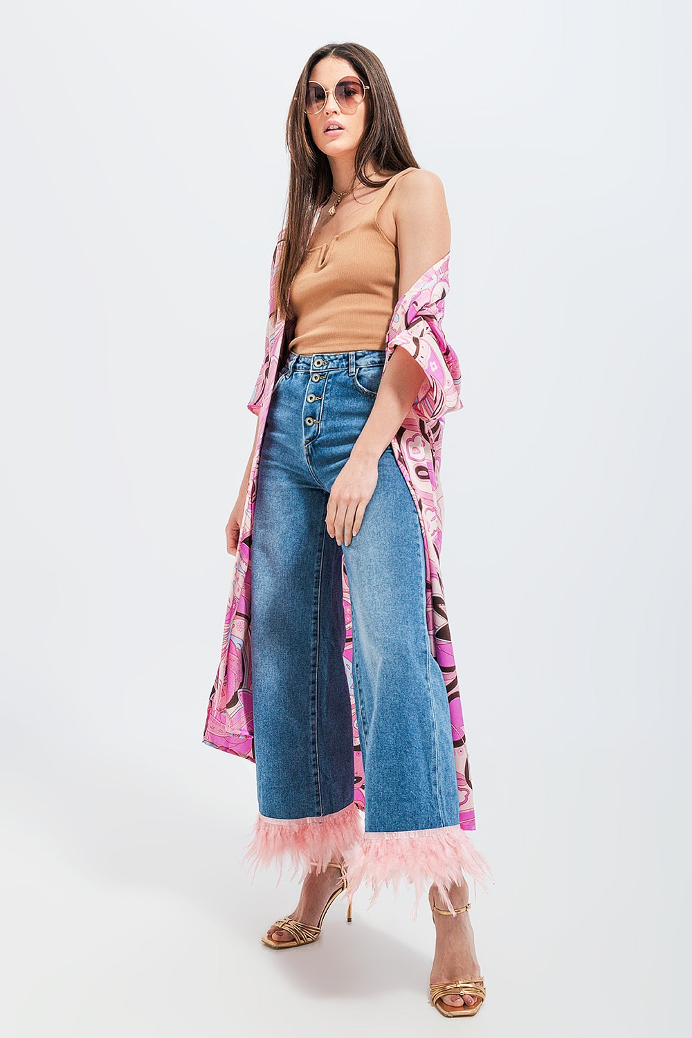 Straight leg jeans with faux feather hem in pink Szua Store