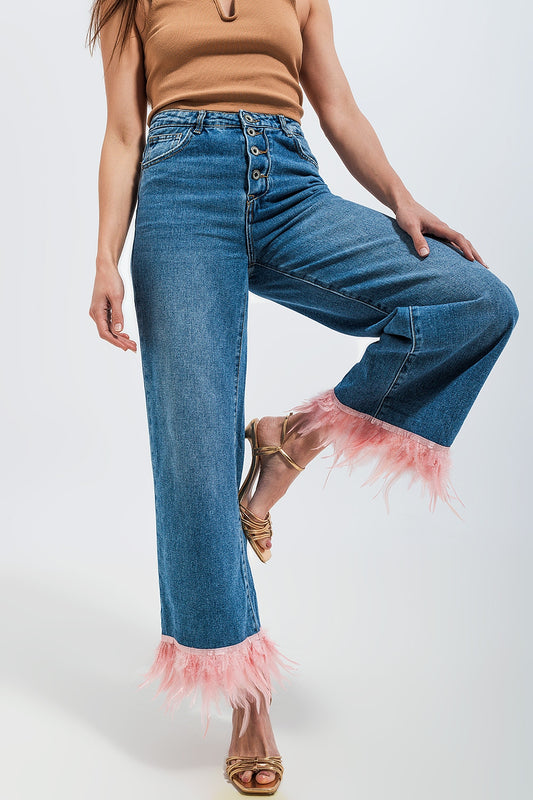 Straight leg jeans with faux feather hem in pink Szua Store