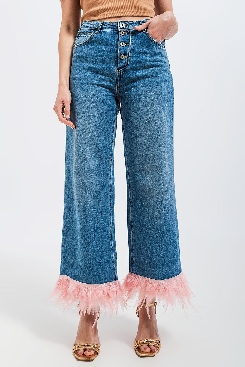 Straight leg jeans with faux feather hem in pink Szua Store