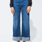 Q2 Straight Leg Jeans With Folded Hem With Sequins Detail in Mid Wash