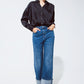 Straight Leg Jeans With Folded Hem With Sequins Detail in Mid Wash