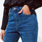 Straight Leg Jeans With Folded Hem With Sequins Detail in Mid Wash