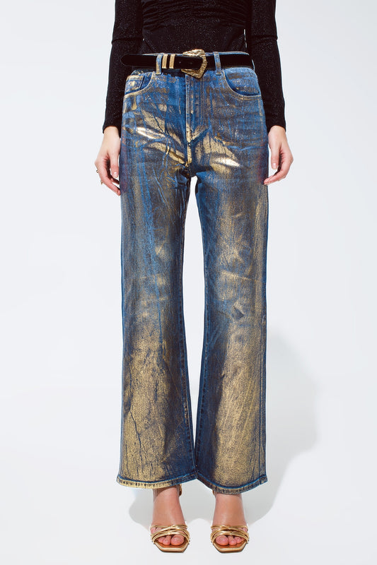 Q2 Straight Leg Jeans with gold metallic finish