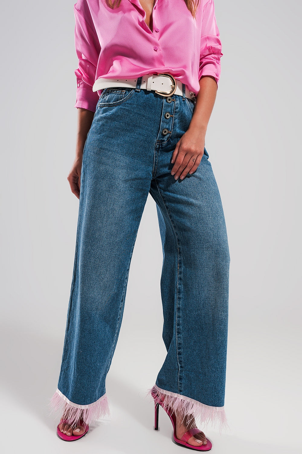 Straight leg jeans with PINK faux feather hem