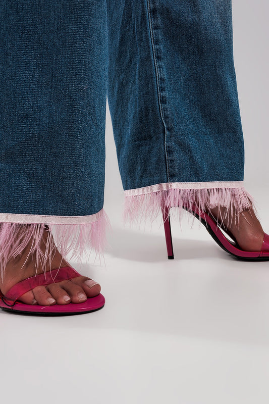 Straight leg jeans with PINK faux feather hem Szua Store