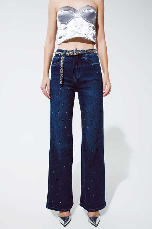Q2 Straight Leg Jeans with strass detail in Blue