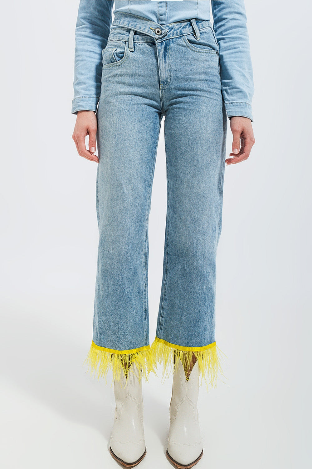 Straight leg jeans with yellow faux feather hem Szua Store