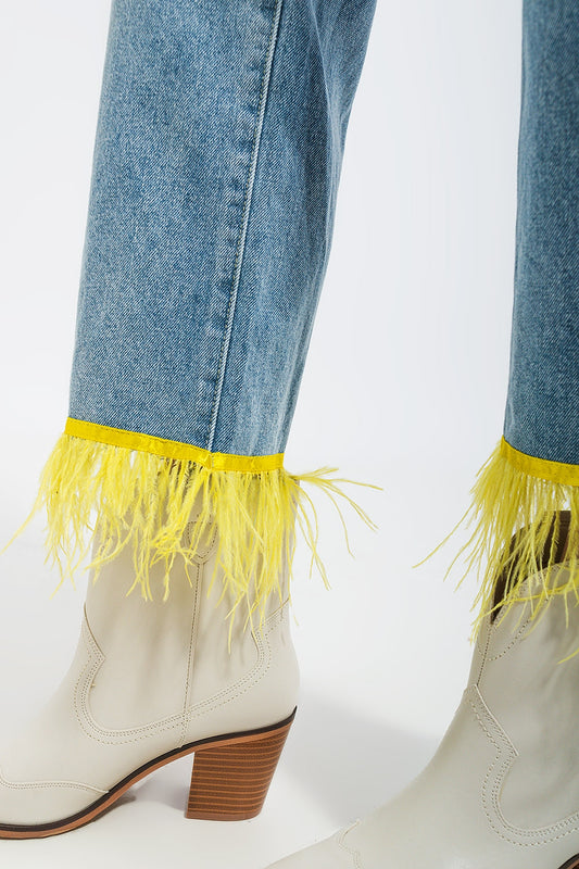 Straight leg jeans with yellow faux feather hem Szua Store