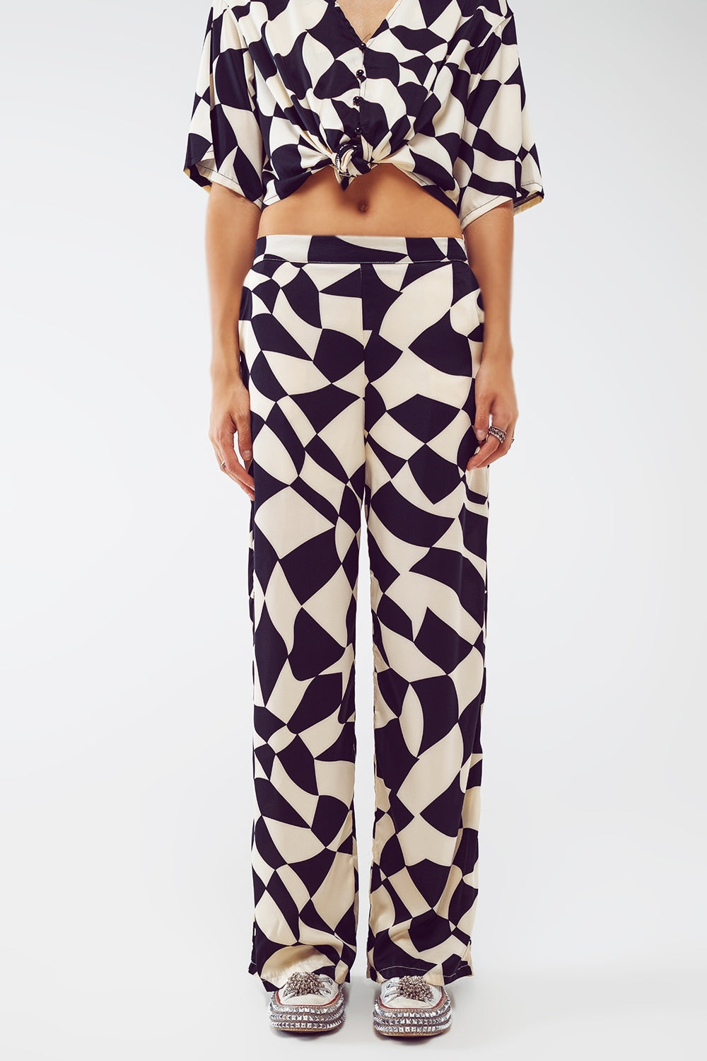 Q2 Straight Pants With Bauhaus Abstract Black and White Print