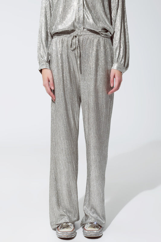 Q2 Straight Relaxed Fit Metallic Finish Pants With Ajustable Drawstring
