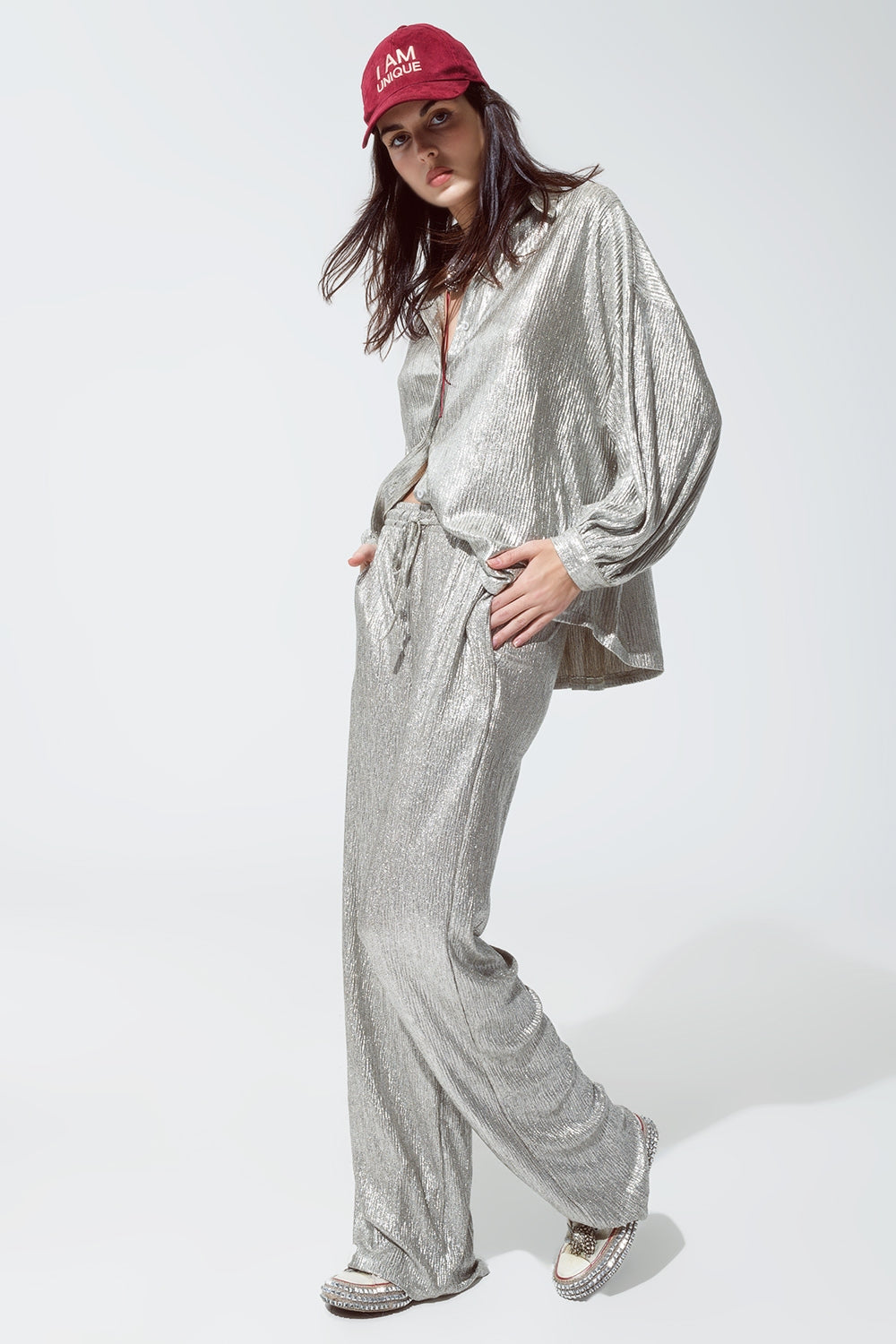 Straight Relaxed Fit Metallic Finish Pants With Ajustable Drawstring