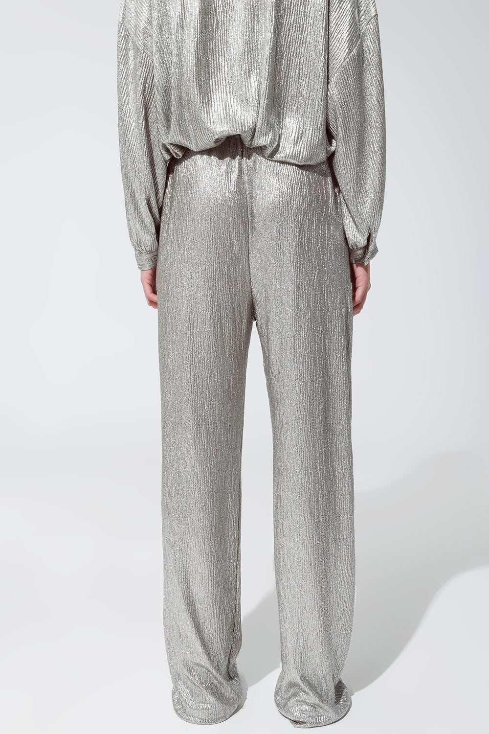 Straight Relaxed Fit Metallic Finish Pants With Ajustable Drawstring