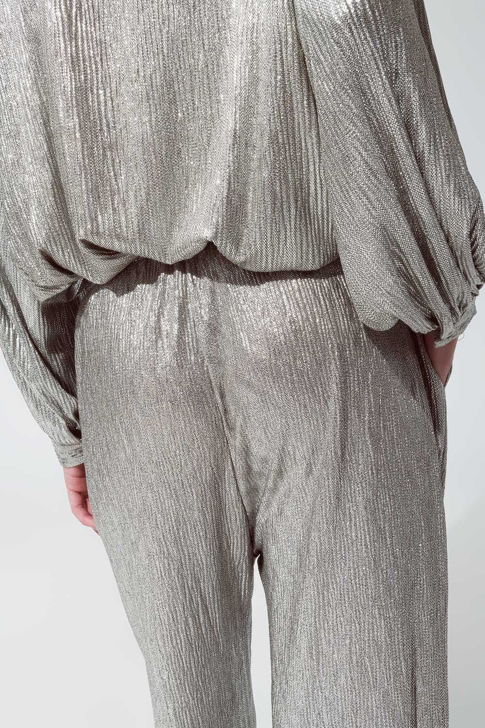 Straight Relaxed Fit Metallic Finish Pants With Ajustable Drawstring