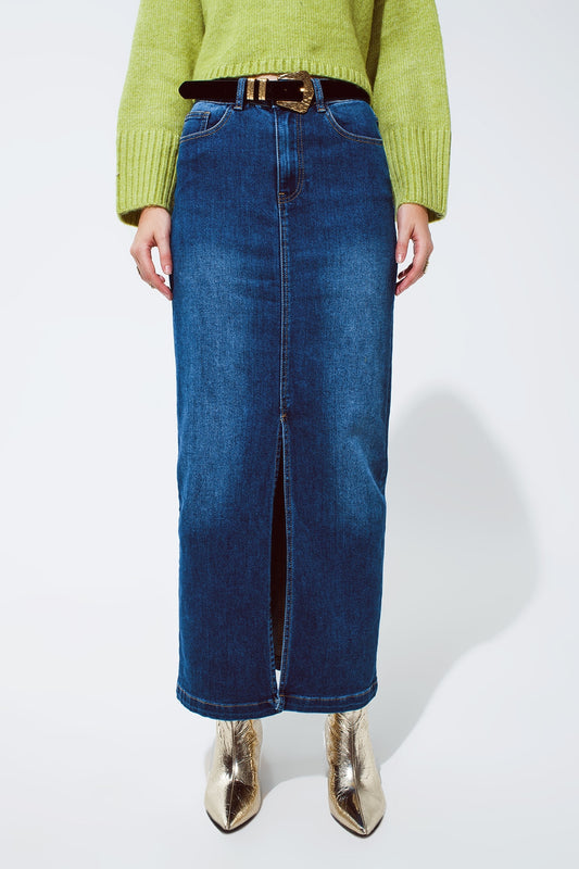 Q2 Stretch Denim Maxi Skirt With Slit At The Front In Mid Wash
