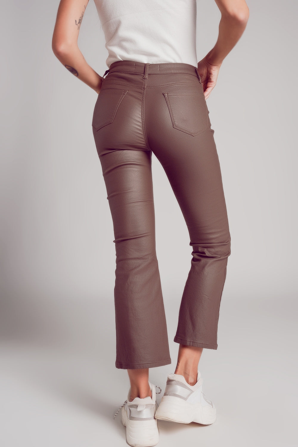 Stretch faux leather flare pants in beige Szua Store