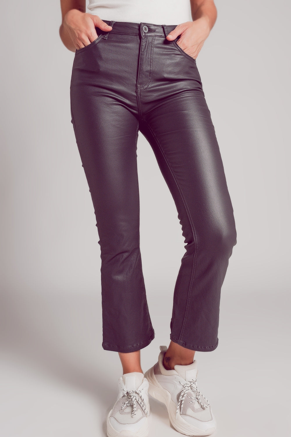 Stretch faux leather flare pants in grey Szua Store