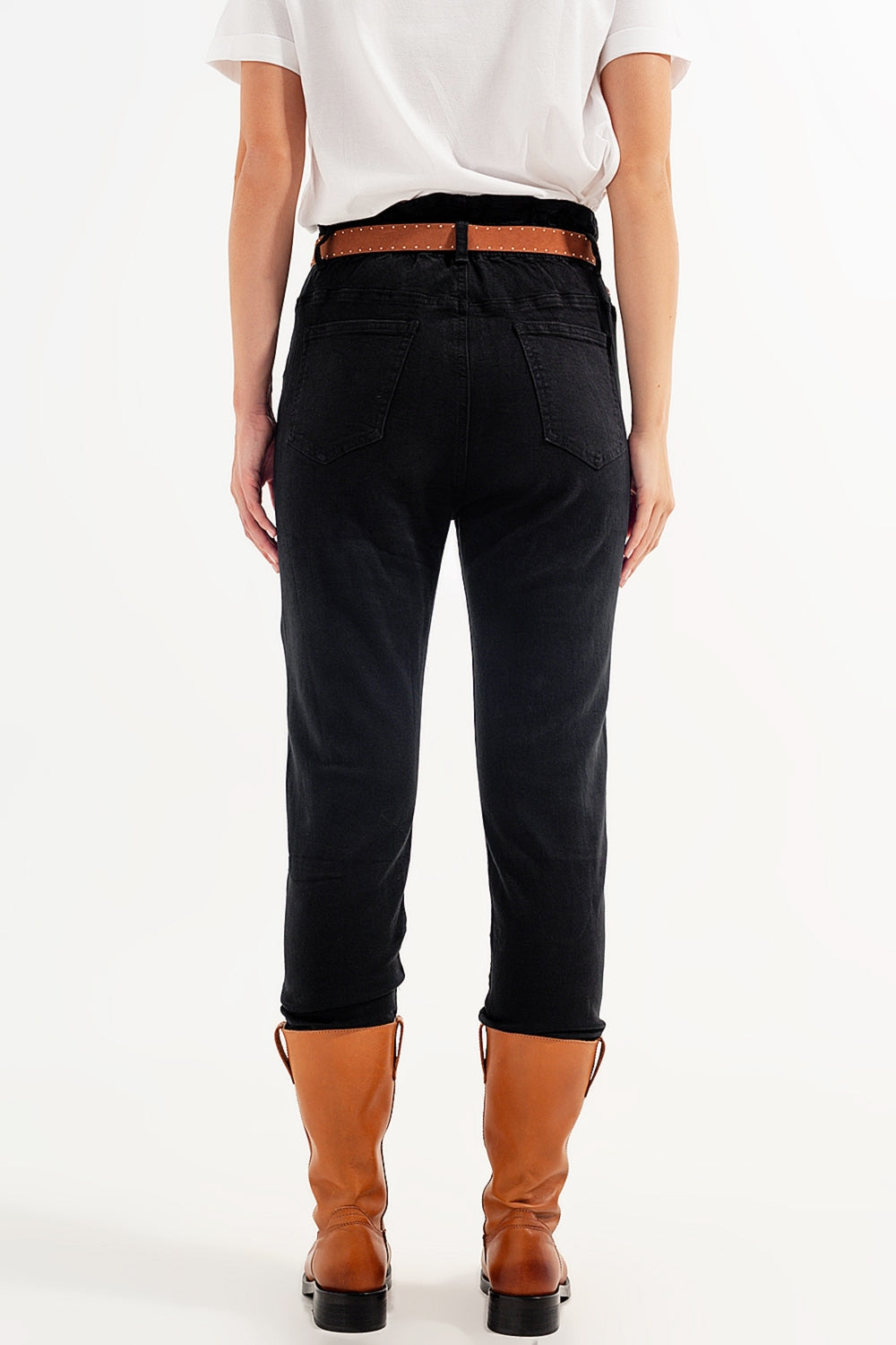 Stretch paperbag waist straigh Jeans in black Szua Store