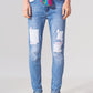 Q2 Stretch Skinny Jeans with Patches in Mid Wash and Belt Detail
