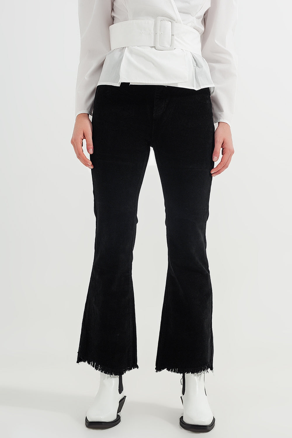 Q2 Stretchy cord flared trouser in black