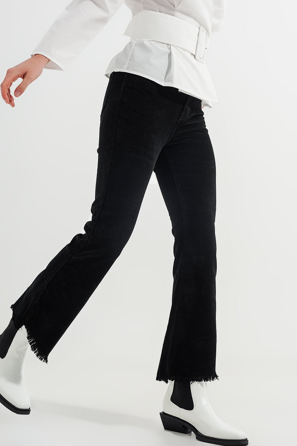 Stretchy cord flared trouser in black