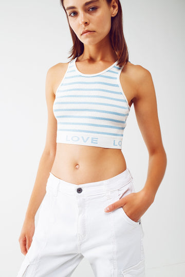 Q2 Striped Cropped Top with Love Text in blue
