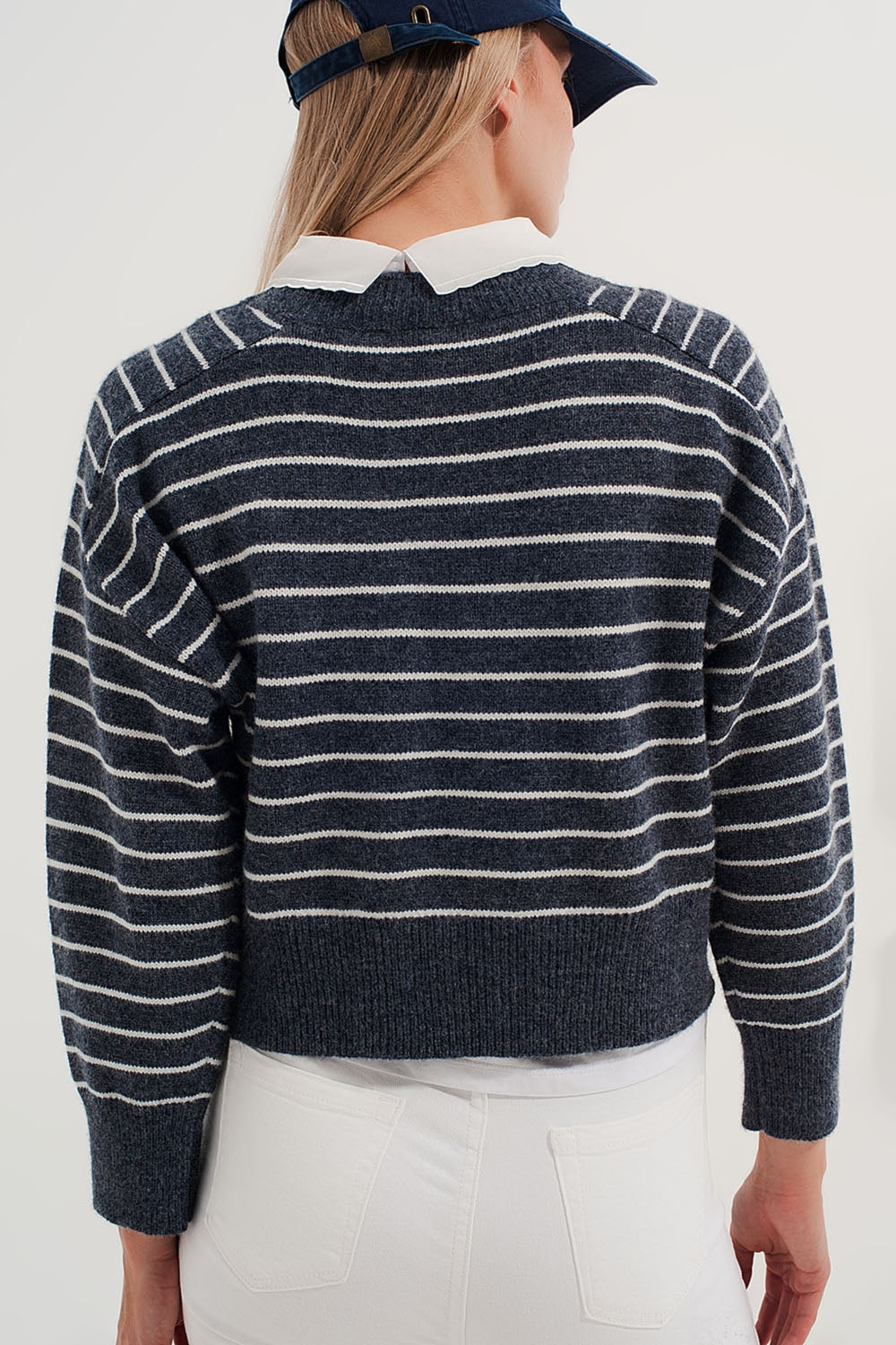 Striped knitted sweater with wrangler sleeves blue and white Szua Store